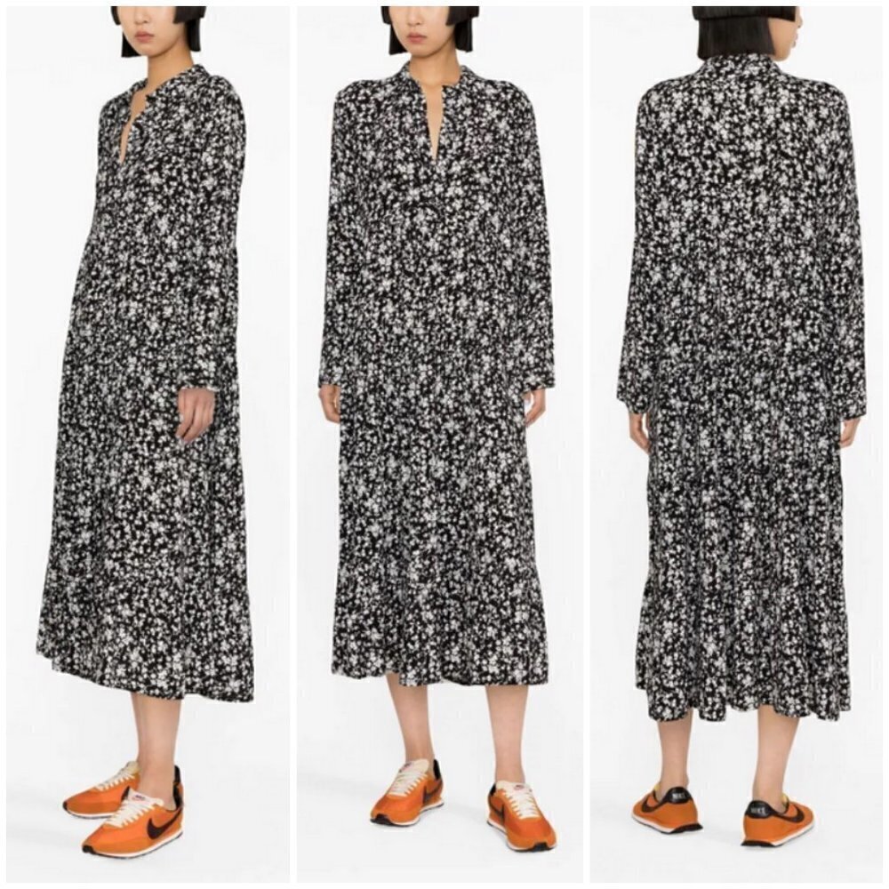 💕GANNI💕 Printed Crepe Layer Midi Dress ~ Viscose Black Floral Print 36 EU - Picture 2 of 16
